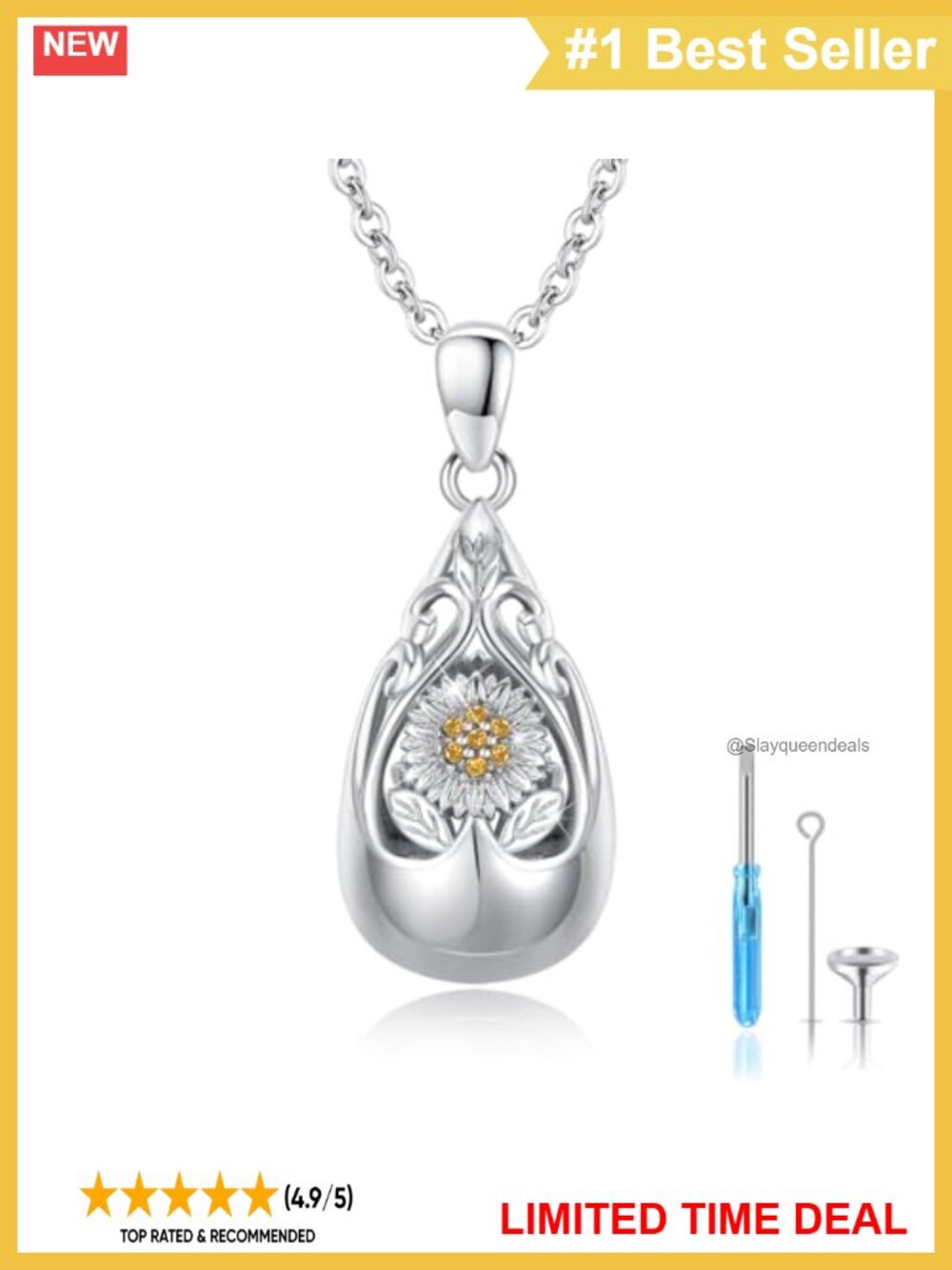 Sterling Silver Urn Necklace for Ashes Sunflower Keepsake Pendant